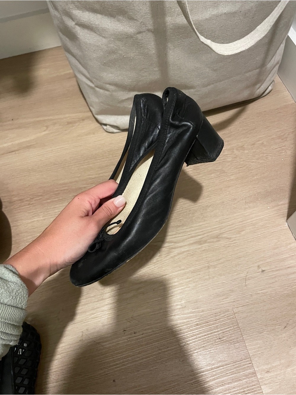 J. Crew Black Leather Low Block Heel Ballet Pumps